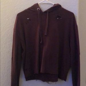 Burgundy Distressed Cropped Hoodie